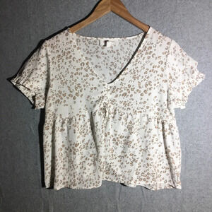 Womens Pink Rose Blouse Babydoll Style Animal Print Pastel Cropped Summer Spring